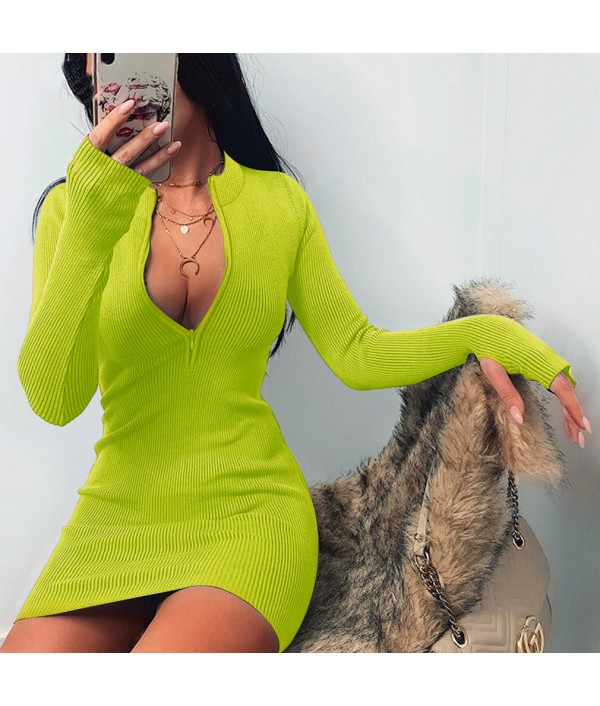 Women Sexy Solid Color Zipper Long Sleeve Mini Dresses