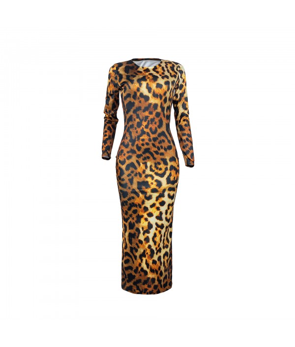 S-XXL Sexy Leopard Round Neckline Long-sleeve Maxi Bodycon Dress