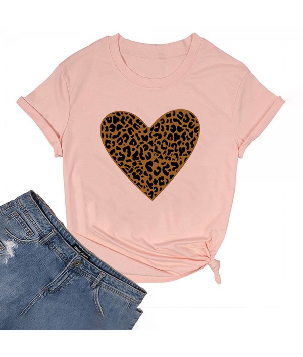 Women Fashion Heart Leopard Print Round Neck Short Sleeve T-Shirt