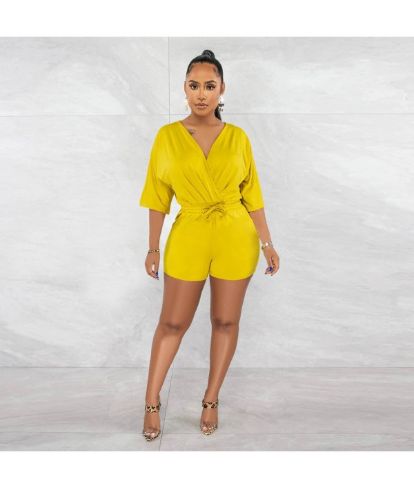Women Fashion Solid Color V-Neck Tight Waist Rompers