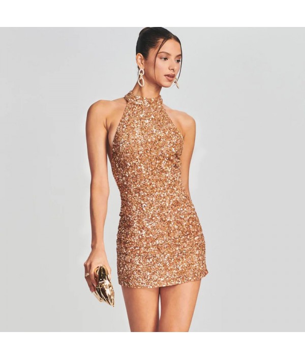 Women Sexy Backless Halter Sequin Party ...