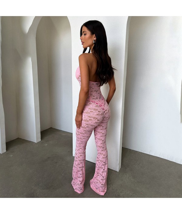 Women Sexy Lace Perspective Backless Neck Lace-Up Jumpsuits