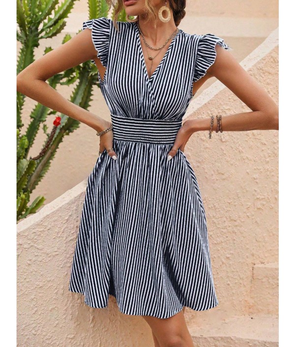 Women Fashion Stripe Print Ruffled Sleeve Dress