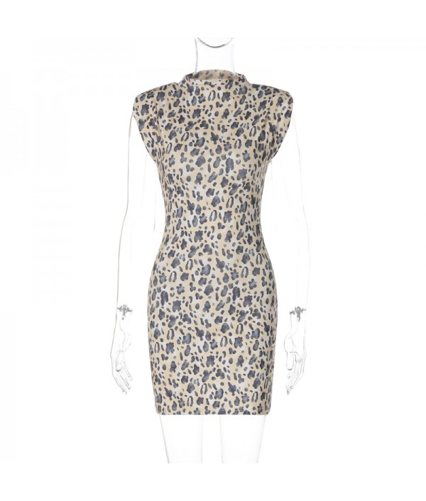 Summer Women Fashion Sexy Leopard Print Round Neck Sleeveless Dress
